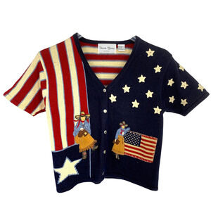 Vintage Sharon Young Sz M USA Flag Texas Cowgirl Short Sleeve Novelty Sweater